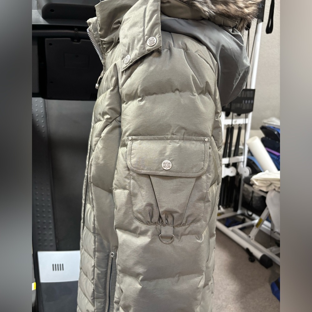 Eddie Bauer grey/green PXL Down Parka, detachable hood with faux fur. - Picture 3 of 6